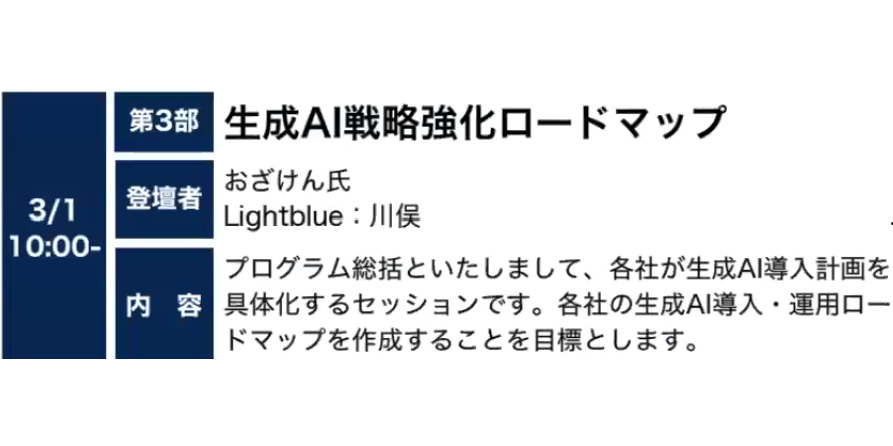 2025年3月1日午前10時開始の第3部「生成AI戦略強化ロードマップ」では、おざけん氏とLightblueの川俣氏が登壇し、各社の生成AI導入・運用に向けた具体的なロードマップ作成を目指します。