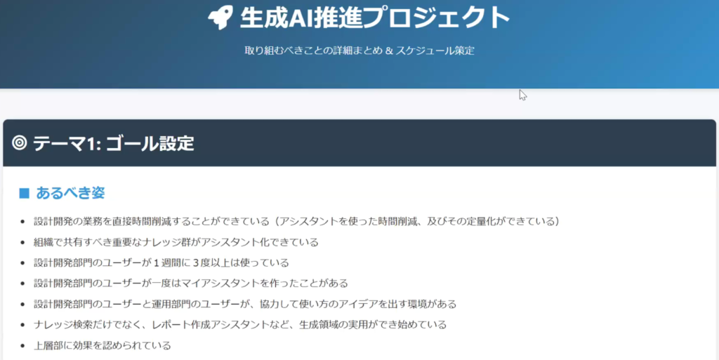 画面上部に「生成AI推進プロジェクト 取り組むべきことの詳細とスケジュール設定」と大きく表示された発表資料のスクリーンショット。テーマ1「ゴール設定」の見出しの下に、組織やユーザーにとってのゴールや想定する課題などが箇条書きでまとめられている。